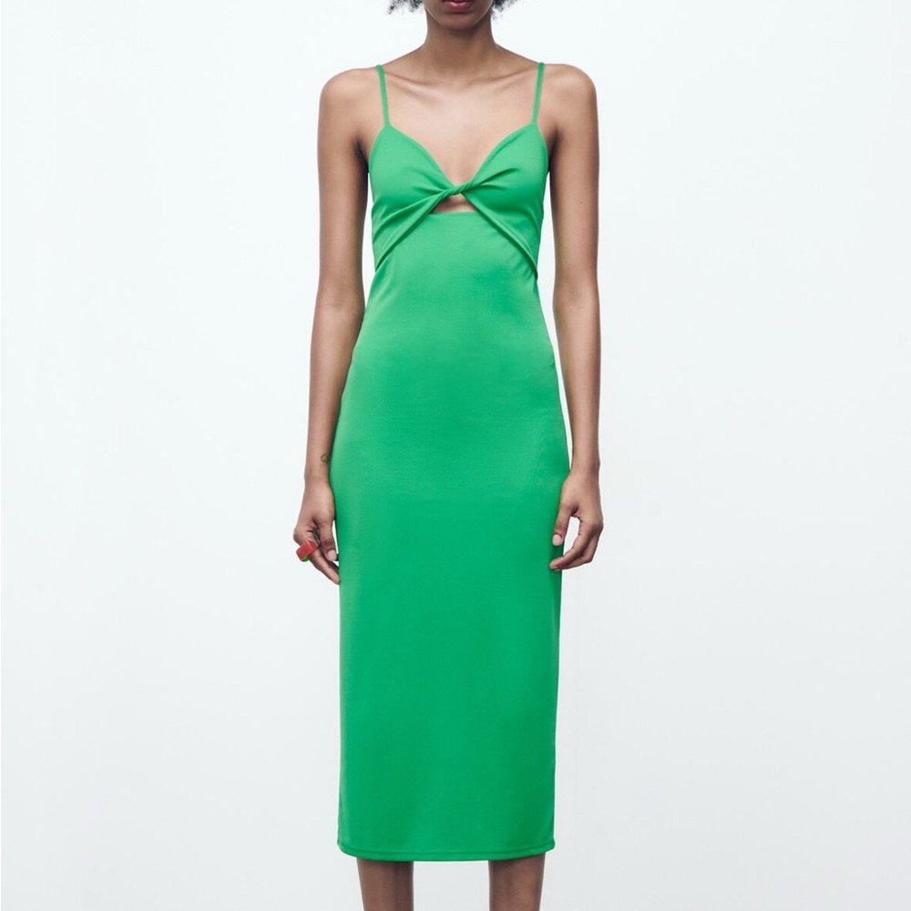 Zara Green Slip Midi Dress with Cutout Spaghetti Straps